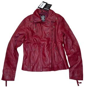 NWT Decrum Ramsey Lambskin Leather Motorcycle Jacket Maroon Large NWT MSRP $239